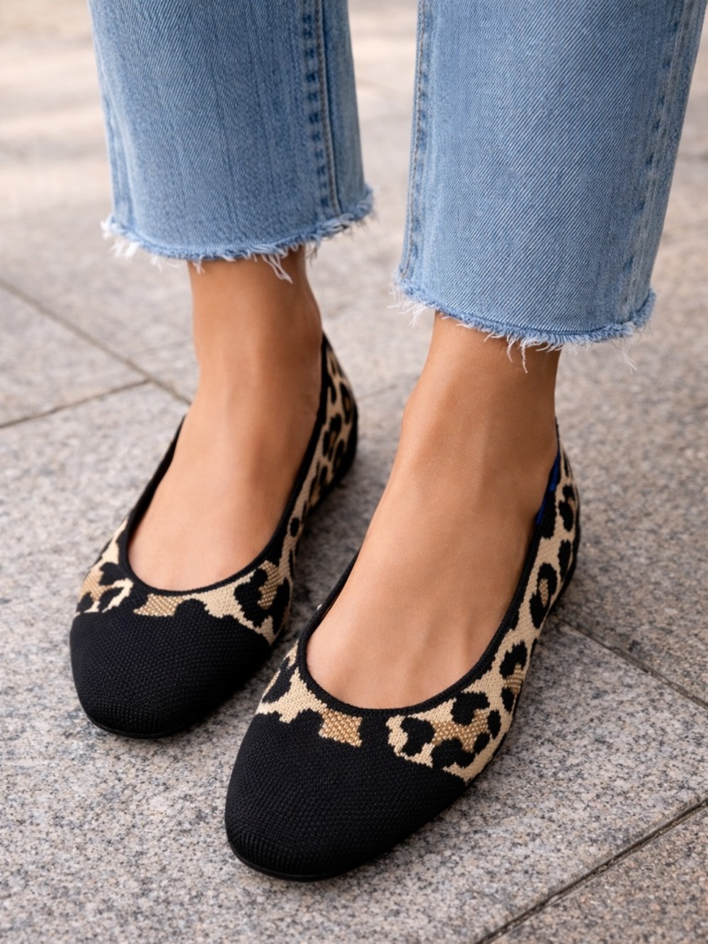 Rothy’s Desert Cat Leopard Print Knit Ballet Flats with Black Toe Size 7.5